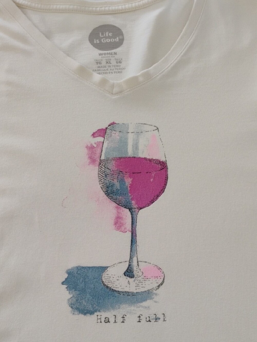 Life is Good "Half Full" Wine Graphic Long Sleeve Tee Cream Like New - XL - Picture 3 of 10